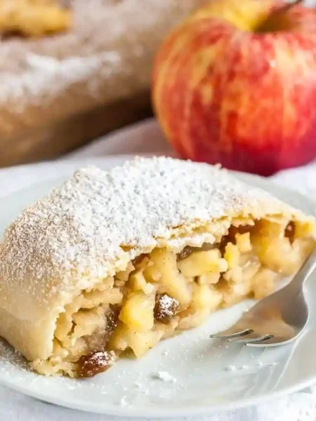 Apfelstrudel Rezept mit Strudelteig – traditioneller Strudel mit Apfelfüllung und Puderzucker bestäubt