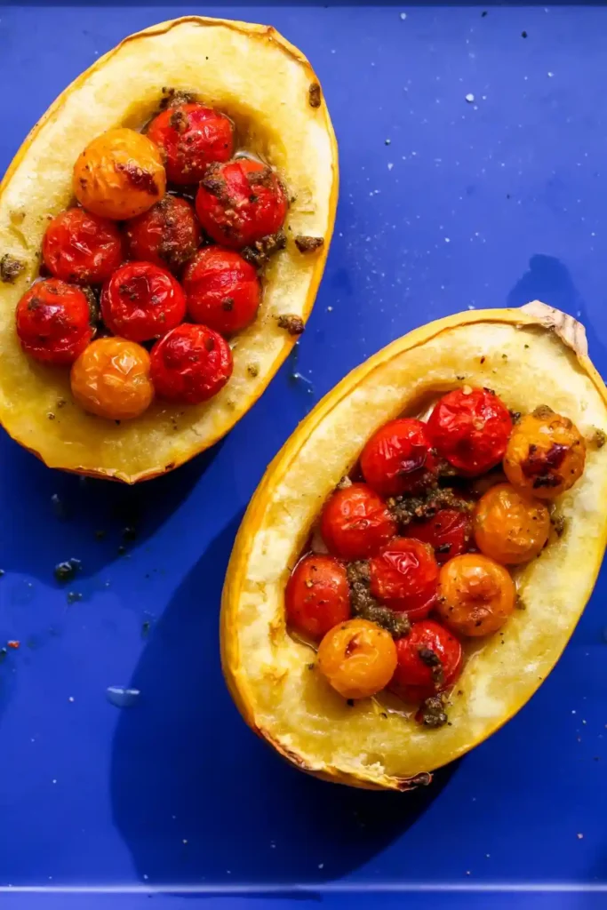 Spaghettikürbis im Backofen mit Feta und Tomaten – gebacken bis die Tomaten aufplatzen.