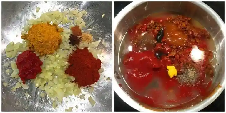 Gewürze, Tomatenmark und Ketchup für Currywurst Soße Rezept in der Pfanne