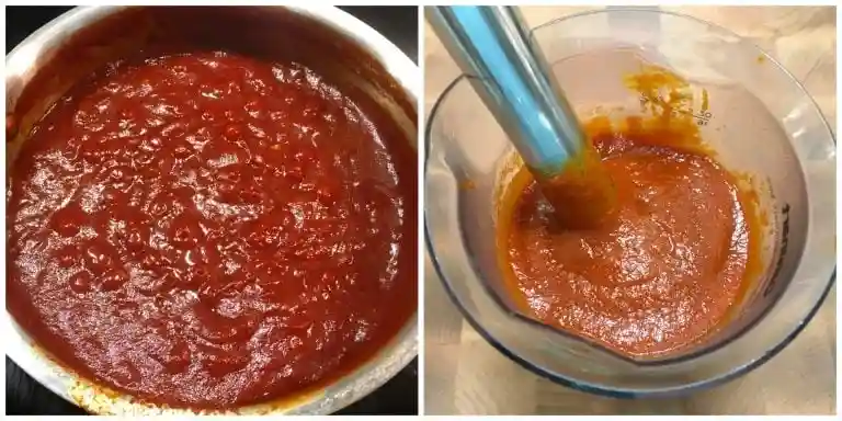 Currywurst Soße Rezept köcheln lassen und mit Pürierstab cremig pürieren