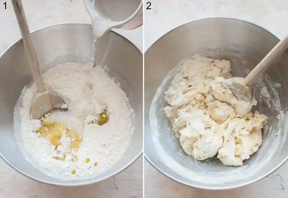 Flammkuchenteig selber machen – Mehl, Wasser und Öl vermengen für den klassischen Flammkuchen Teig