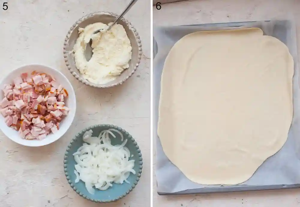 Flammkuchen Teig ausgerollt mit klassischem Belag aus Speck, Zwiebeln und Crème fraîche