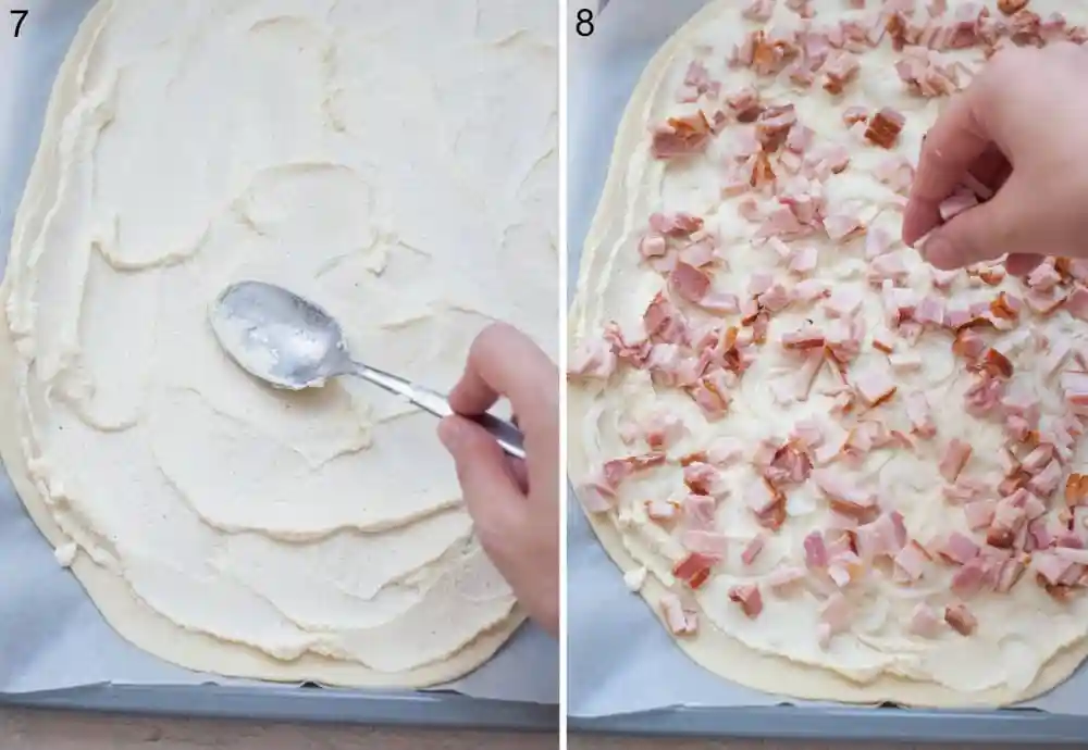 Elsässer Flammkuchen Teig mit Crème fraîche bestrichen und mit Speckwürfeln belegt