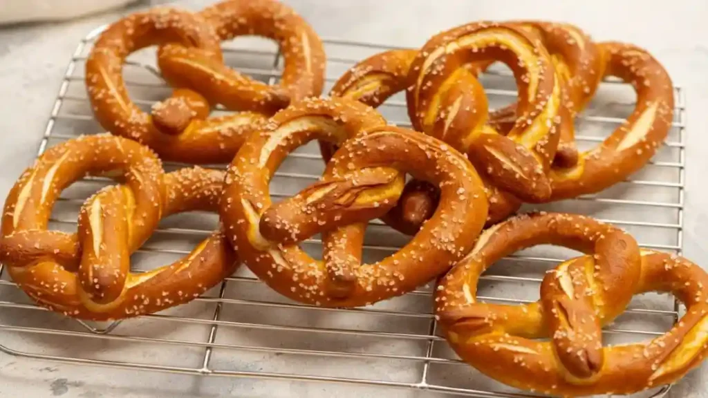 Frisch gebackene Laugenbrezel auf Gitterrost – schwäbische Brezeln Rezept