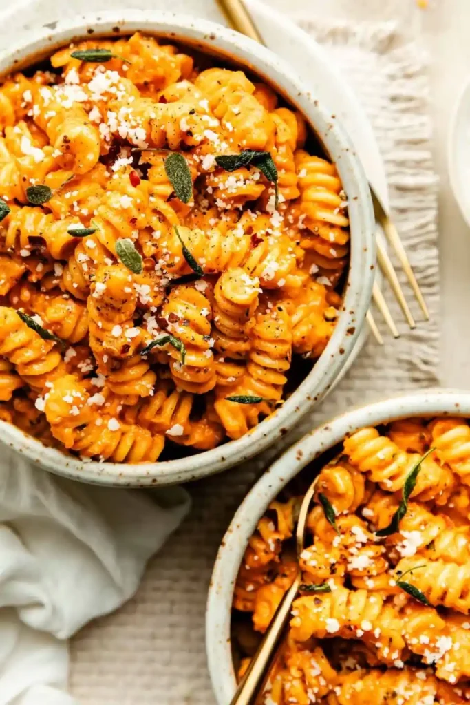 Zwei Schüsseln mit cremiger Pasta mit Kürbis Sauce, garniert mit Parmesan und frischem Salbei