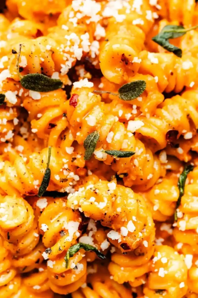 Nahaufnahme von cremiger Pasta mit Kürbis Sauce, Parmesan und frischem Salbei