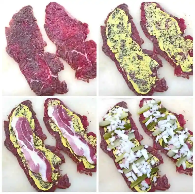 Rinderrouladen füllen mit Senf, Rinder-Speck, Gurken und Zwiebeln – klassisches Rinderrouladen Rezept