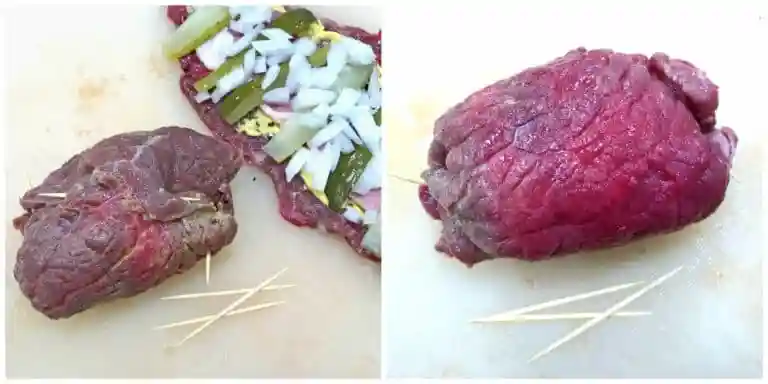 Rinderrouladen aufrollen und mit Zahnstochern fixieren – klassisches Rouladen Rezept