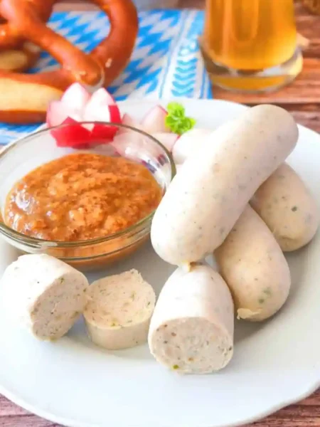 Weißwurst kochen und zubereiten mit süßem Senf, Brezel und Bier – traditionelles bayerisches Rezept