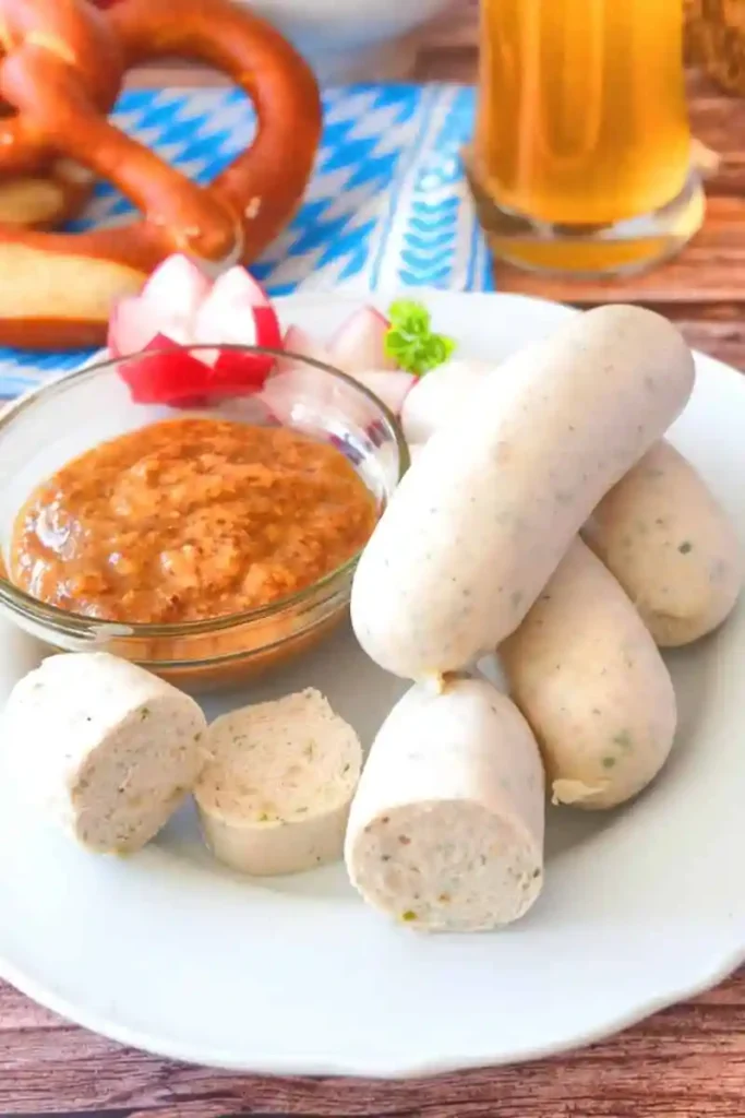Weißwurst kochen und zubereiten mit süßem Senf, Brezel und Bier – traditionelles bayerisches Rezept
