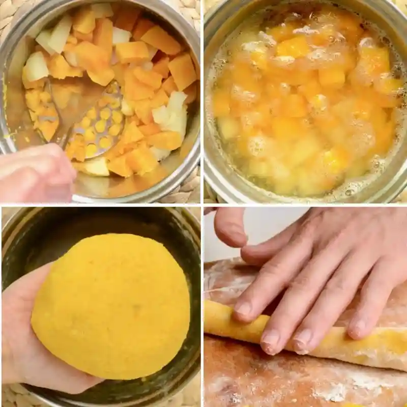 Zubereitung Kürbis Gnocchi mit Salbeibutter – Kürbis und Kartoffeln kochen, Teig kneten und formen