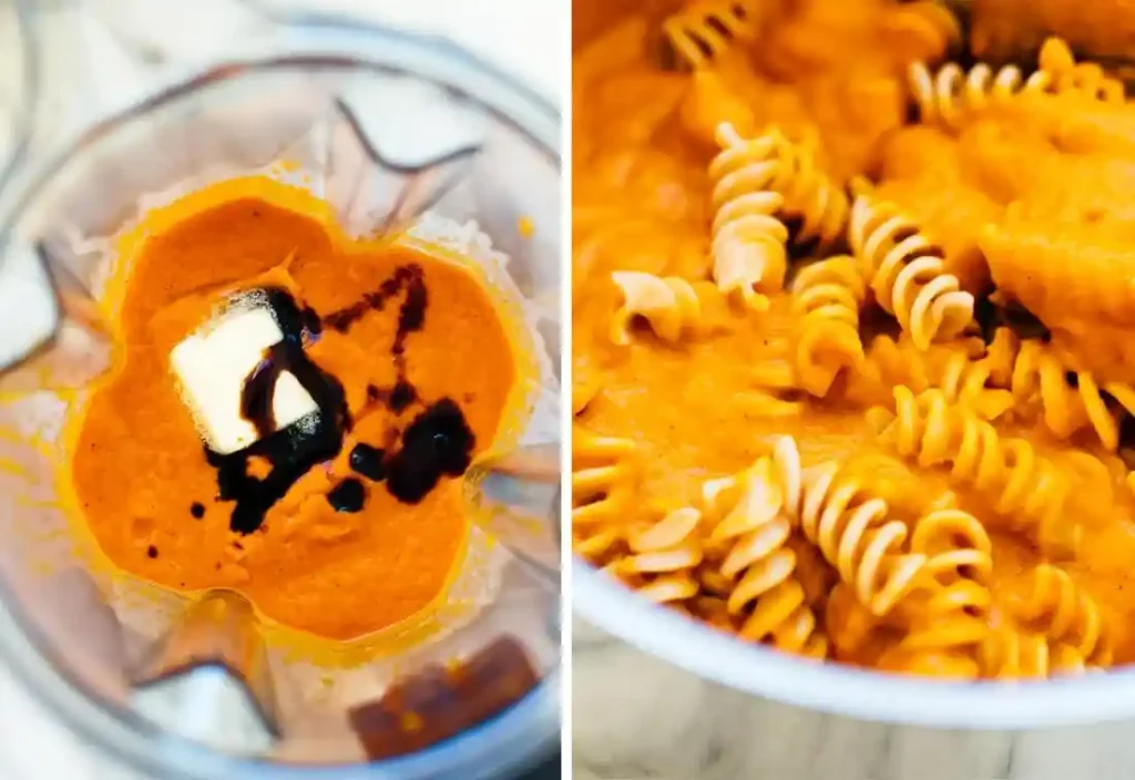 Kürbissauce mit Butter und Balsamico im Mixer cremig pürieren und über Pasta geben