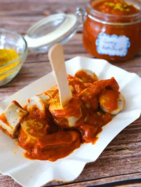 Currywurst mit selbstgemachter Currywurst Soße Rezept serviert im Pappteller
