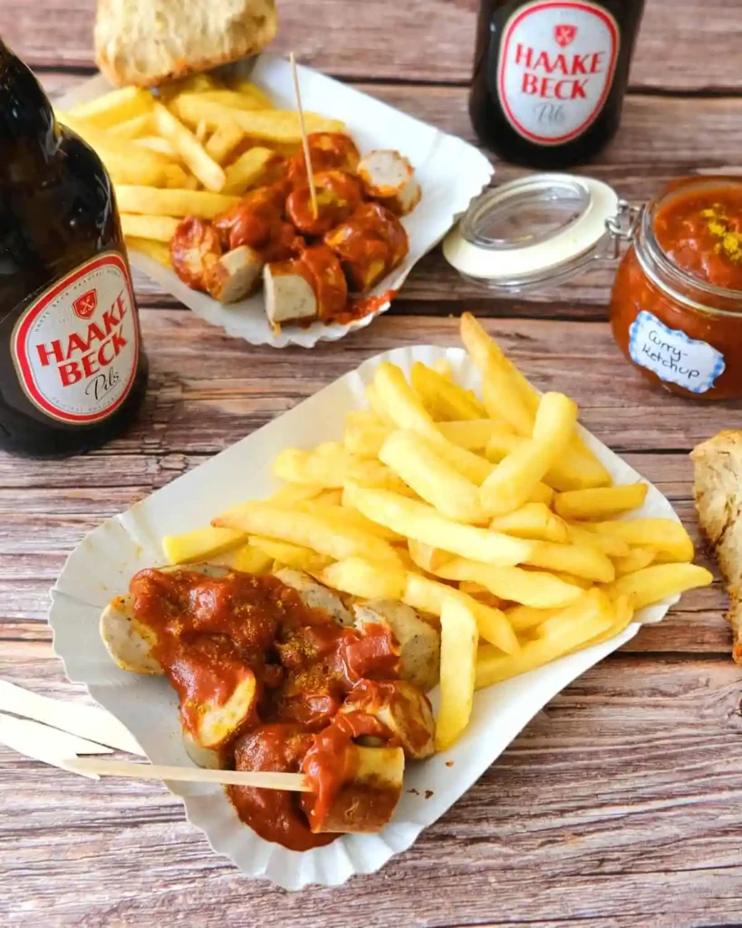 Currywurst mit Pommes und Bier serviert – Currywurst Soße Rezept im Imbiss-Stil