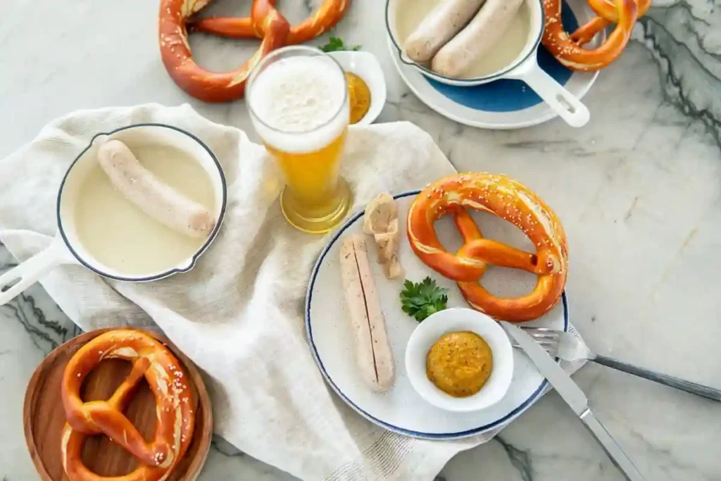 Bayerische Weißwurst mit Laugenbrezel, süßem Senf und Weißbier serviert