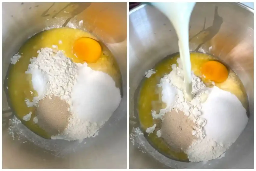Dampfnudel Teig zubereiten – Zutaten wie Mehl, Ei, Hefe, Zucker und Milch in einer Schüssel