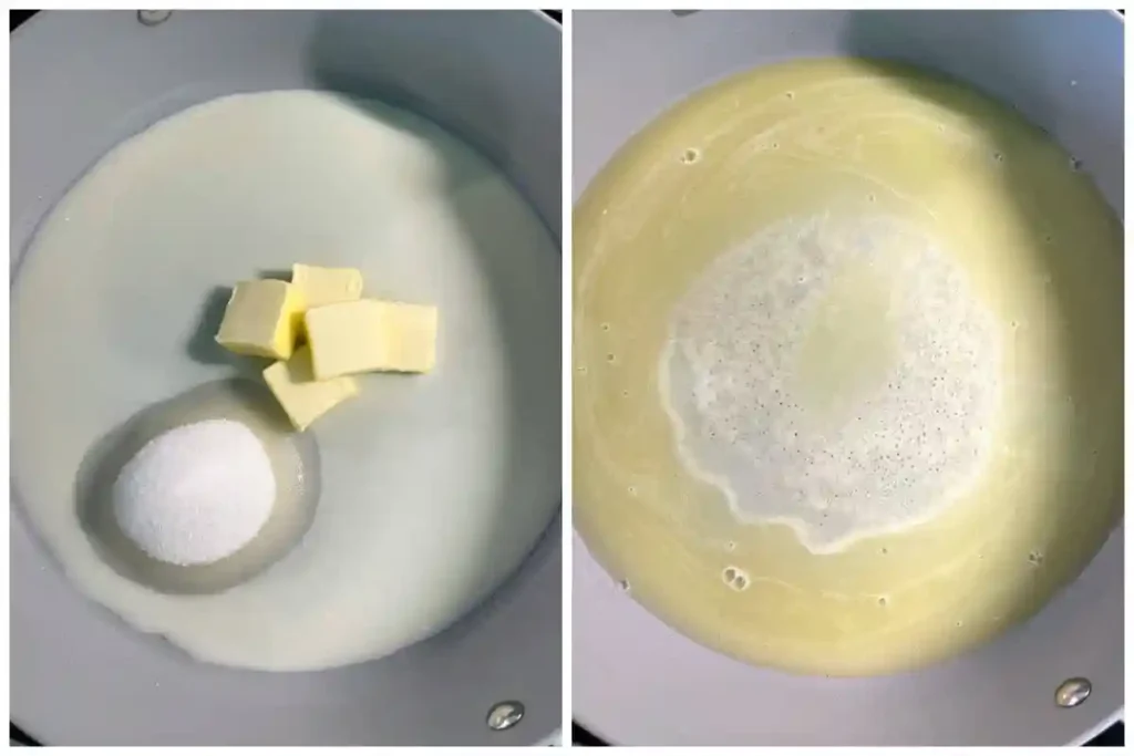 Milch, Butter und Zucker für Dampfnudeln erhitzen