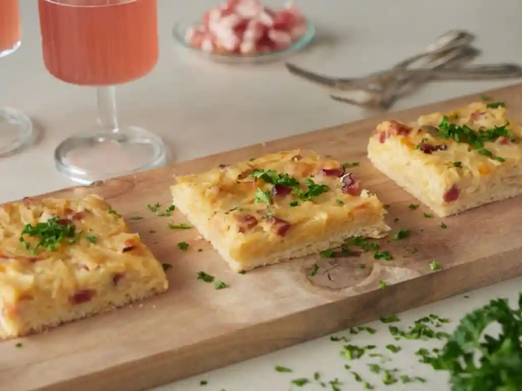 Zwiebelkuchen vom Blech mit Hefeteig und Speck – servierfertig mit Federweißer