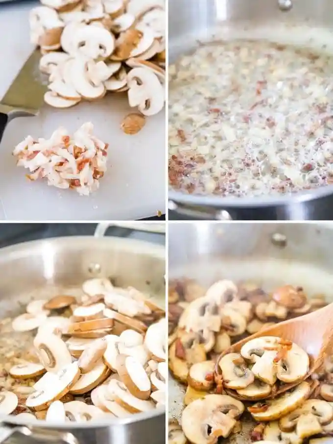 Jägerschnitzel DDR Rezept Schritt für Schritt – Pilze und Speck anbraten für Omas Jägerschnitzel mit cremiger Jägersoße.