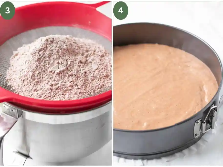 Original Schwarzwälder Kirschtorte Rezept mit Schlagsahne – Kakaomehl sieben und Biskuitteig in Springform füllen