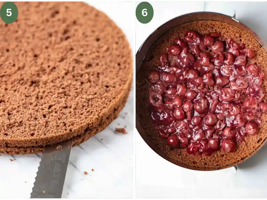 Original Schwarzwälder Kirschtorte Rezept mit Schlagsahne – Biskuitboden schneiden und Kirschfüllung auftragen