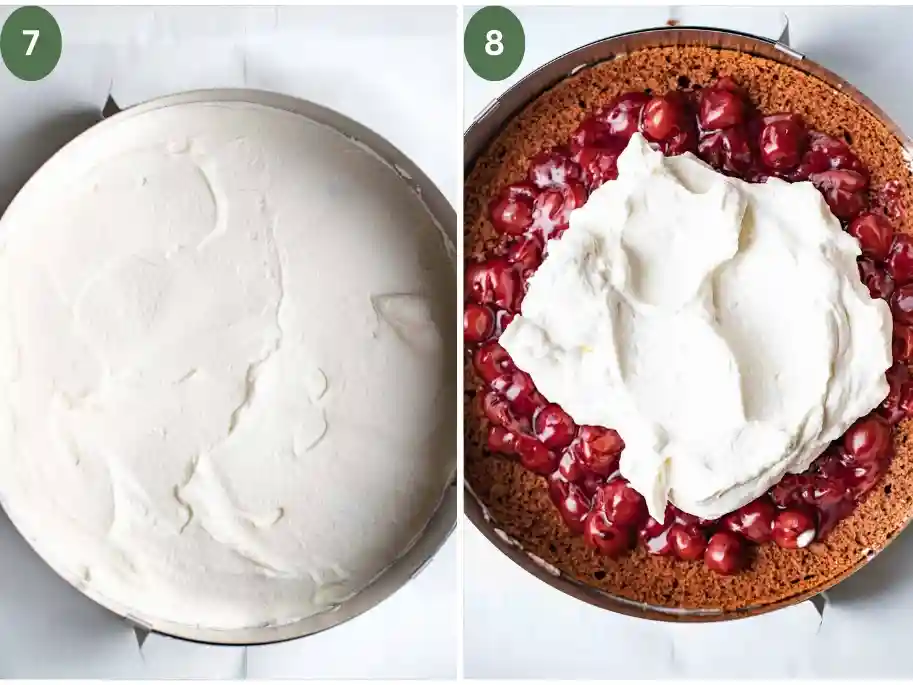 Original Schwarzwälder Kirschtorte Rezept mit Schlagsahne – Sahne auf Kirschfüllung verstreichen