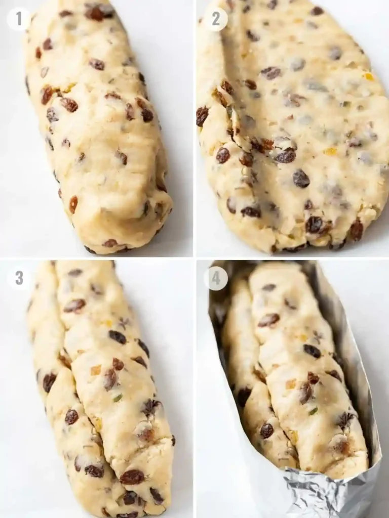 Schritt-für-Schritt Anleitung für Omas Christstollen Rezept – Dresdner Stollen mit Marzipan formen, falten und mit Alufolie stabilisieren.