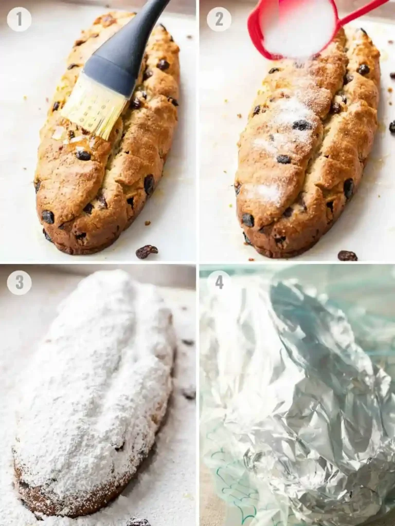 Schritt-für-Schritt Anleitung für Omas Christstollen Rezept – Dresdner Stollen mit Butter bestreichen, zuckern, mit Puderzucker bedecken und zum Reifen einpacken.
