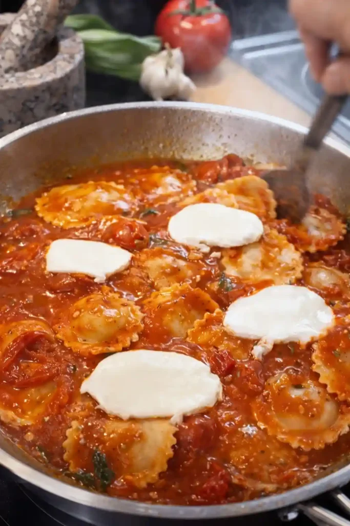 Ravioli mit Tomatensauce in der Pfanne, mit Mozzarella verfeinert – cremige Soßen zu Ravioli