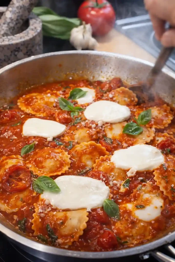 Ravioli mit Tomatensauce in der Pfanne, verfeinert mit Mozzarella und Basilikum – cremige Soßen zu Ravioli