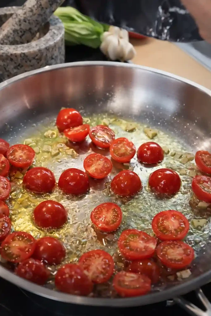 Tomaten in der Pfanne für Ravioli mit Tomatensauce – aromatische Basis für klassische Soßen zu Ravioli