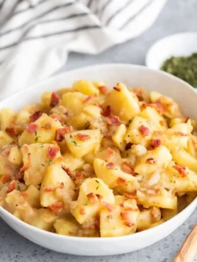 Bayrischer Kartoffelsalat mit Essig Öl, Speck und Zwiebeln – klassischer warmer Kartoffelsalat nach bayerischem Rezept