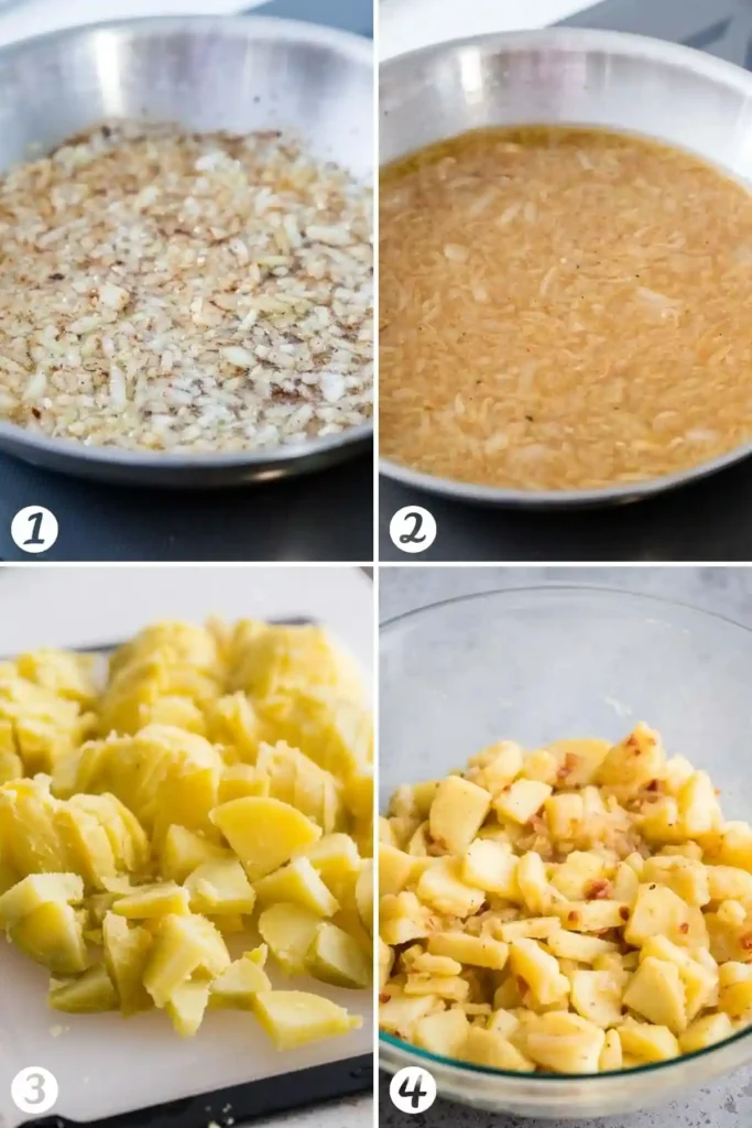 Schritt-für-Schritt-Zubereitung von bayrischem Kartoffelsalat mit Essig Öl, Speck und Zwiebeln – Dressing kochen, Kartoffeln schneiden und vermengen