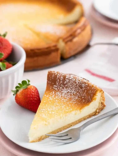 Klassischer Käsekuchen mit Quark – cremiger gebackener Käsekuchen mit Boden, serviert als Kuchenstück mit Erdbeeren
