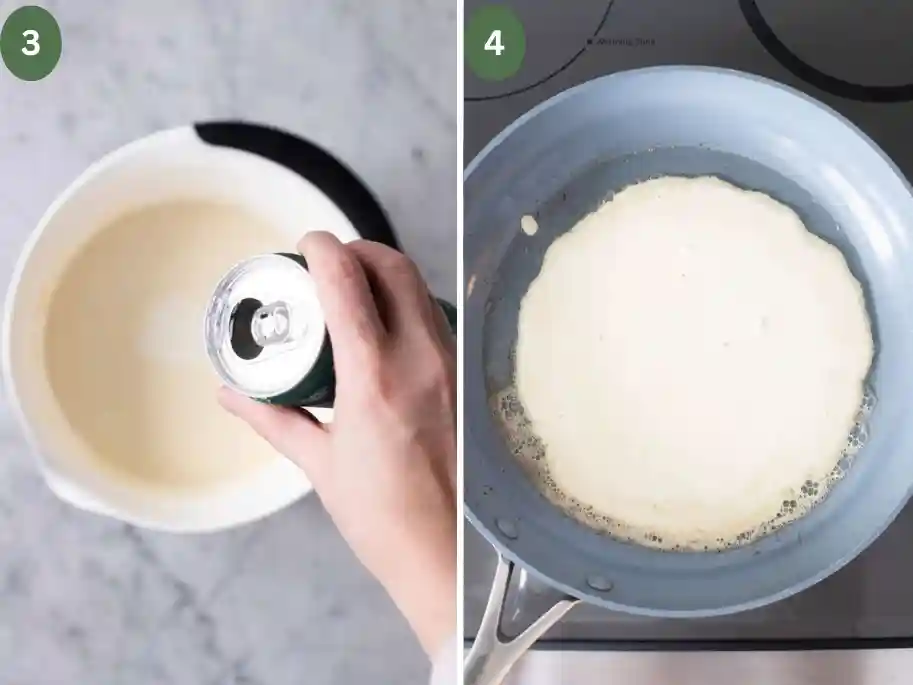 Pfannkuchen Rezept ganz einfach – Mineralwasser zum Pfannkuchen Teig geben und Eierkuchen Grundrezept in der Pfanne ausbacken