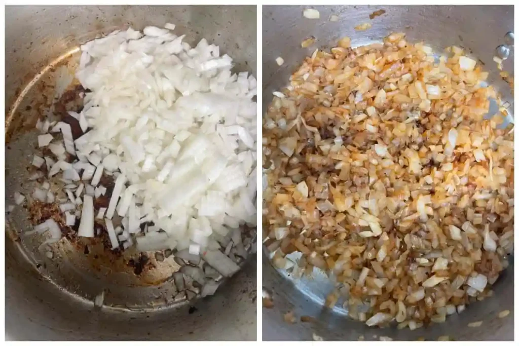 Zwiebeln für Gulasch im Topf anbraten – Schritt für Gulasch Rezept original mit Rindfleisch