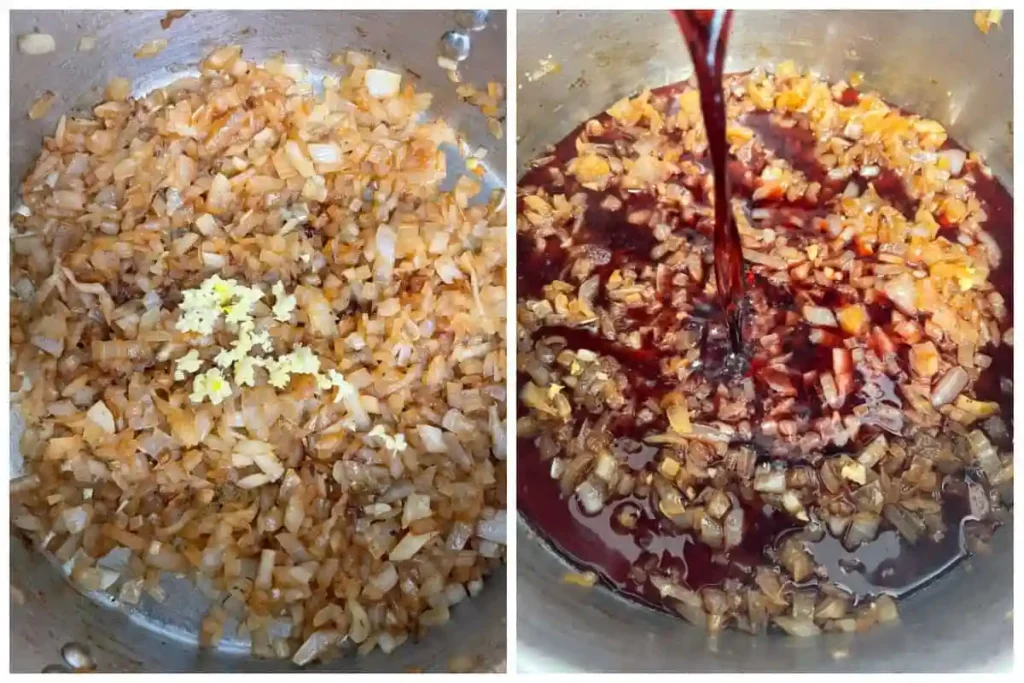 Gulasch würzen und mit Rotwein ablöschen – Schritt im Gulasch Rezept original mit Rindfleisch