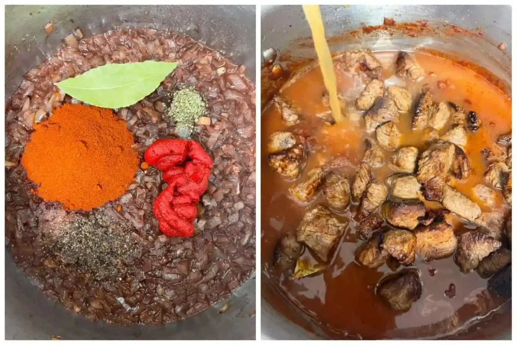 Gulasch würzen mit Paprika und Gewürzen – Rindergulasch im Topf mit Brühe aufgießen
