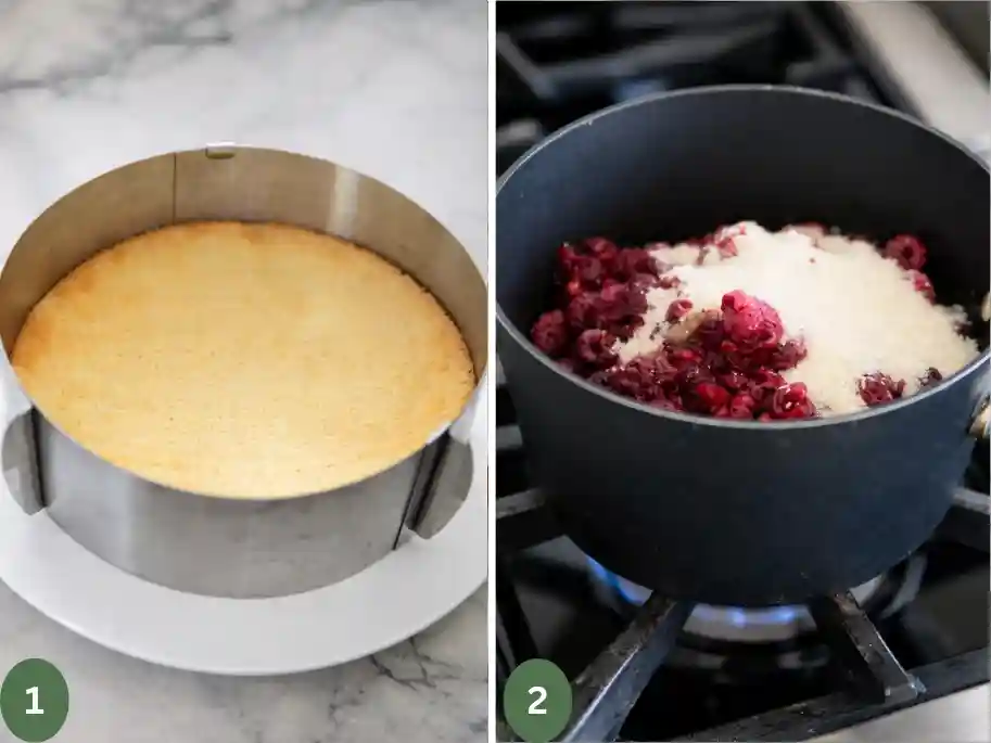 Die Zutaten für das Himbeertorte Rezept mit Sahne im Überblick: Gefrorene Himbeeren für die fruchtige Schicht, Eier und Mehl für den Biskuitboden sowie Sahne und Gelatine für die cremige Füllung. Ideal für eine einfache Himbeer-Sahne-Torte wie vom Konditor.