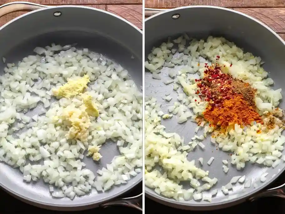 Rote Linsen Dal Curry Rezept – Zwiebeln, Knoblauch und Gewürze werden für indisches veganes Dal Gericht in der Pfanne angeröstet