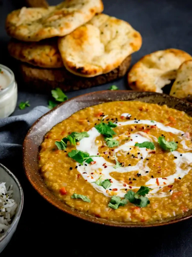 Rote Linsen Dal Curry Rezept – indisches veganes Dal Gericht mit Kokosmilch, Koriander, Reis und indischem Fladenbrot