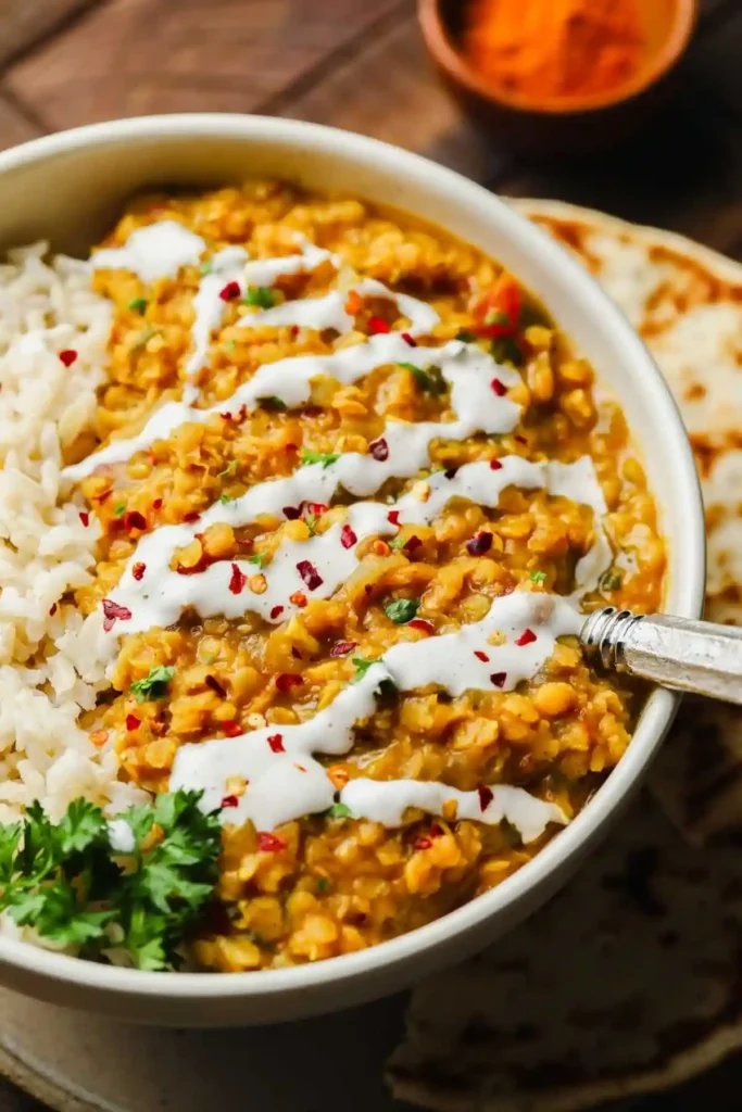Rote Linsen Dal Curry Rezept – indisches veganes Dal Gericht serviert mit Reis, Kokosmilch und frischen Kräutern