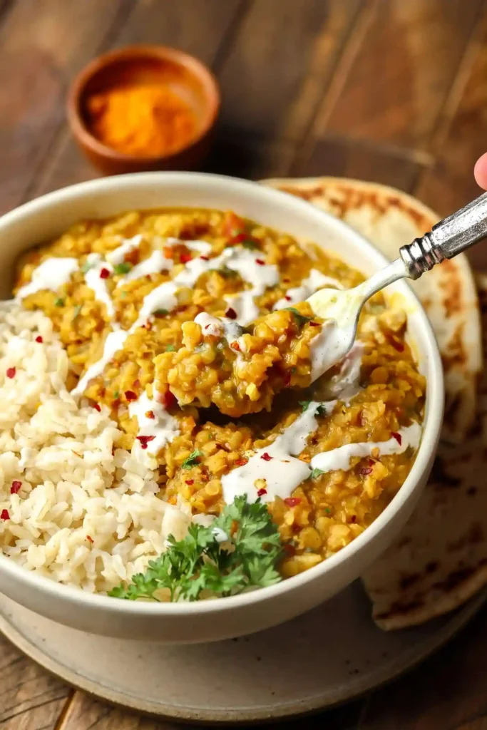 Rote Linsen Dal Curry Rezept – indisches veganes Dal Gericht mit Reis, Kokosmilch und frischen Kräutern auf dem Löffel