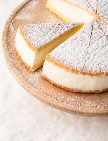 Käse Sahne Torte Rezept mit Quark wie vom Konditor – fluffige Käsesahnetorte mit Puderzucker und Biskuitboden