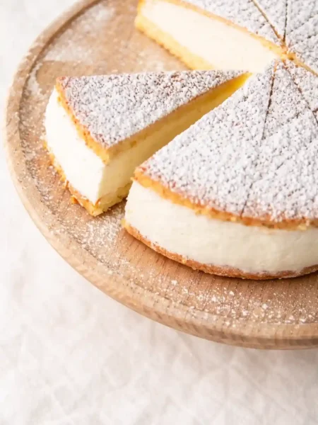Käse Sahne Torte Rezept mit Quark wie vom Konditor – fluffige Käsesahnetorte mit Puderzucker und Biskuitboden