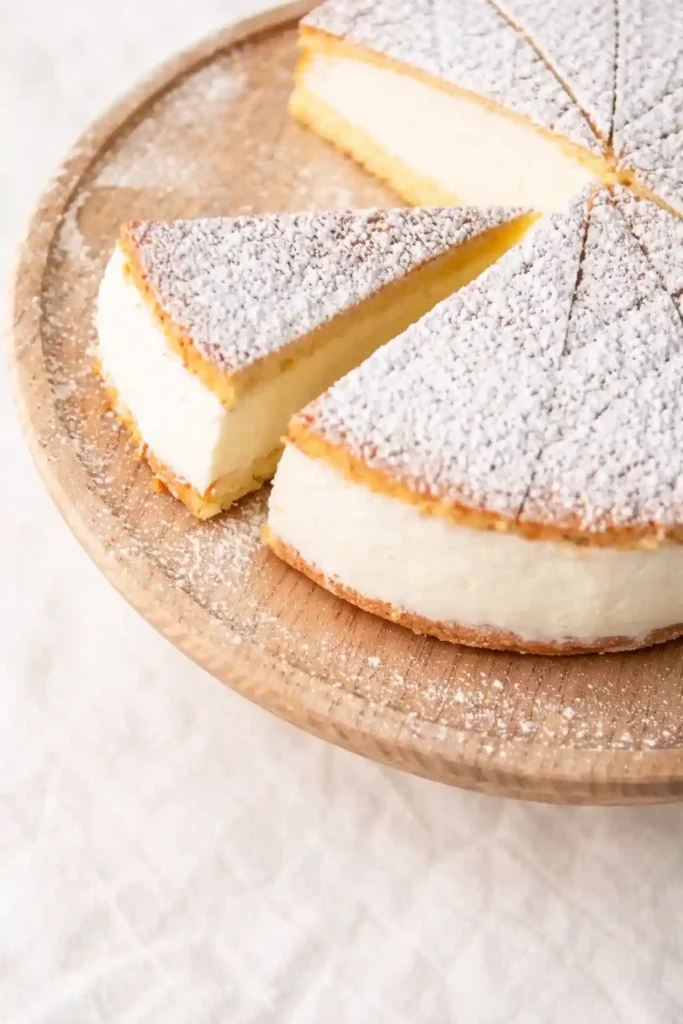 Käse Sahne Torte Rezept mit Quark wie vom Konditor – fluffige Käsesahnetorte mit Puderzucker und Biskuitboden