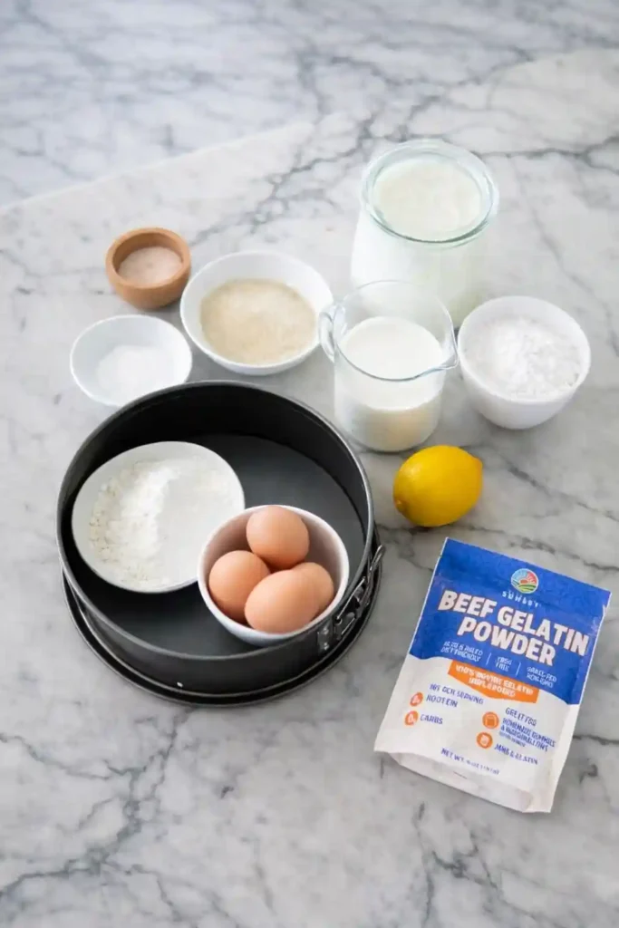 Zutaten für Käse Sahne Torte Rezept mit Quark wie vom Konditor – Eier, Quark, Sahne, Gelatine, Zucker und Zitrone