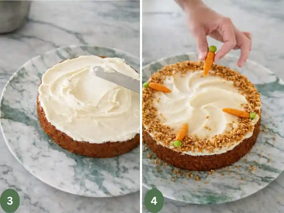 Karottenkuchen mit Frischkäse-Frosting bestreichen und als Rüblikuchen mit Marzipanmöhren dekorieren