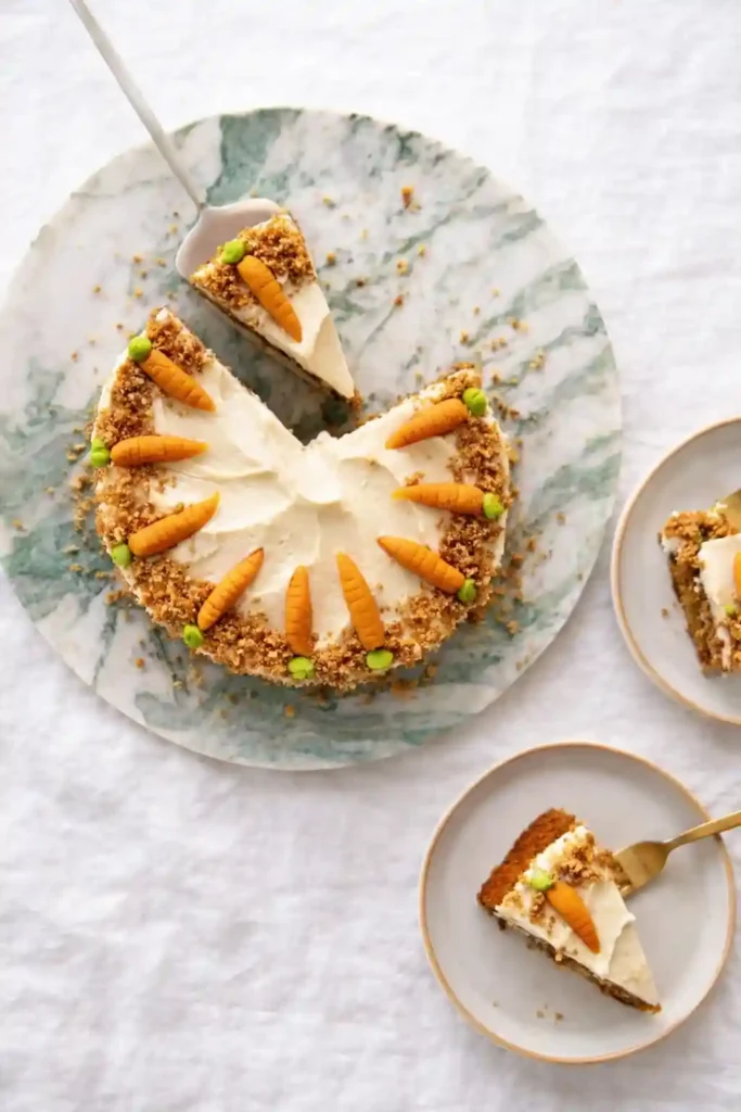 Karottenkuchen mit Frischkäse-Frosting als Rüblikuchen serviert, dekoriert mit Marzipanmöhren und Nusskrokant