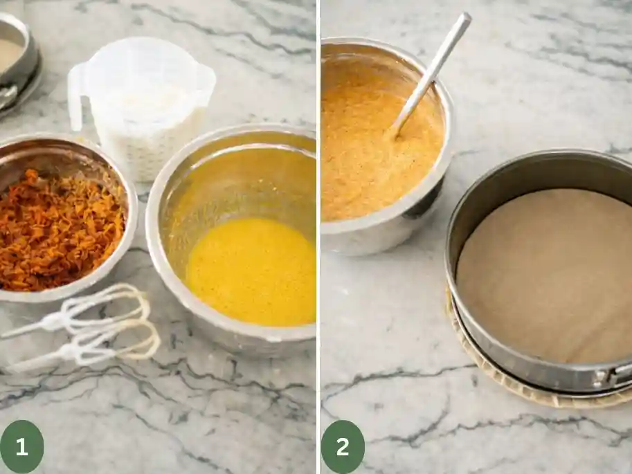 Zubereitung von Karottenkuchen und Rüblikuchen – Teig anrühren und in Springform füllen